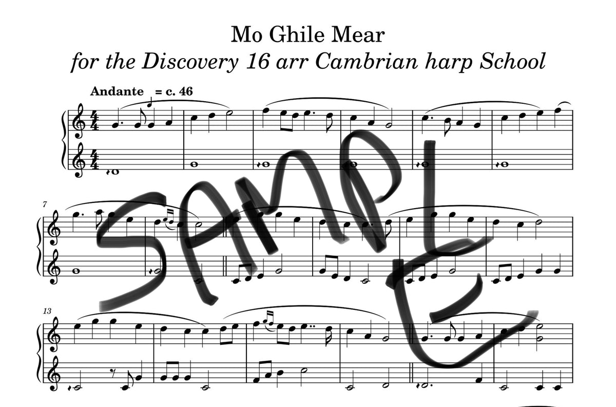 Sheet music titled 'Mo Ghile Mear for the Discovery 16 arr Cambrian harp School' with musical notation and a large black 'SAMPLE' watermark across the center.