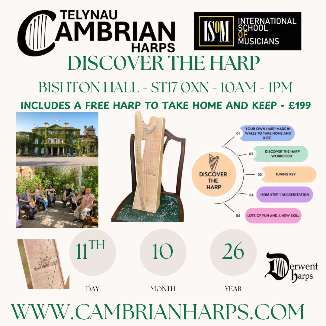 A harpist holding a Welsh-made Discovery 16 harp outside historic Bishton Hall