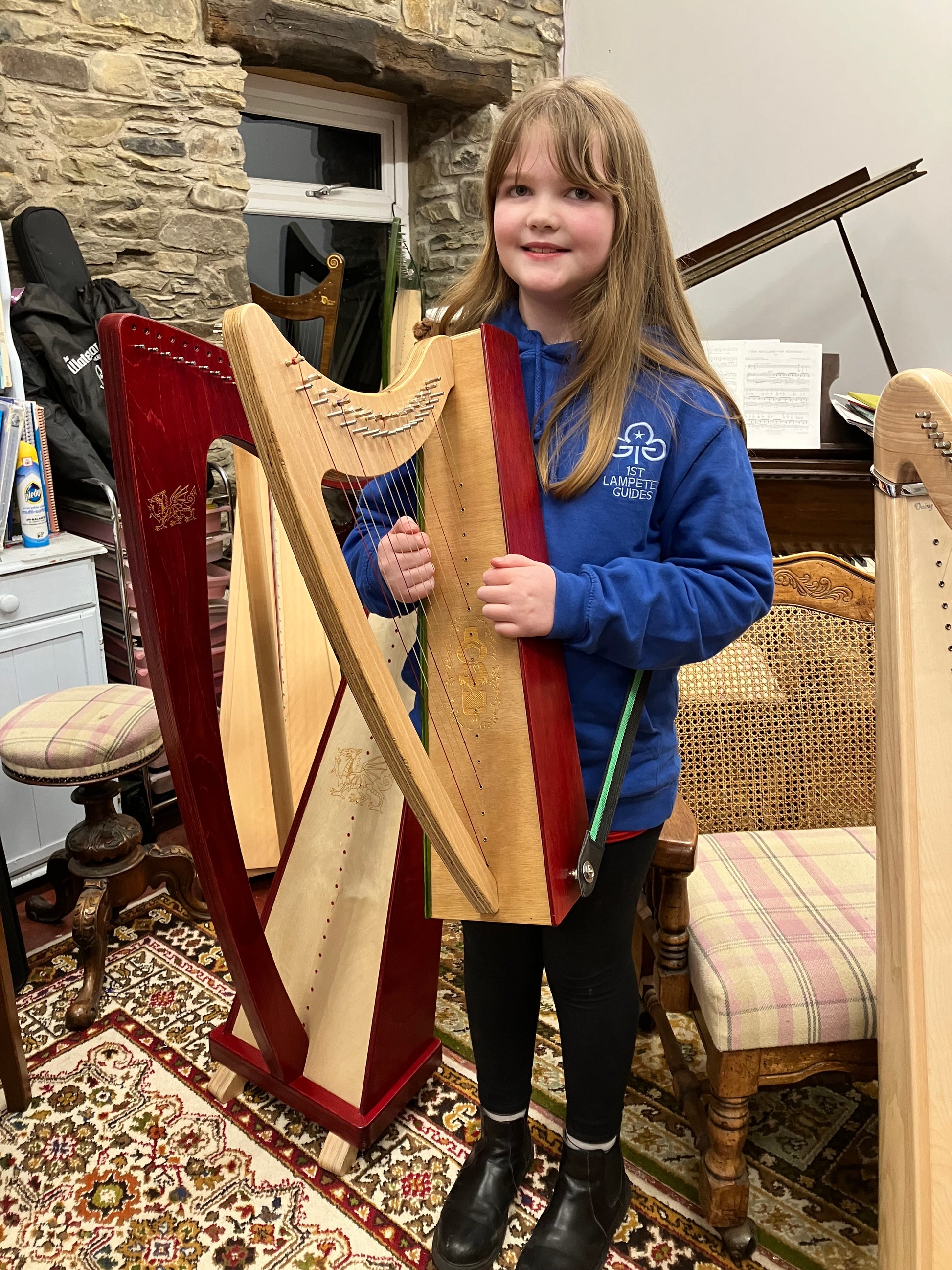 Derwent Discovery 16  harp,Welsh special design with green strap and buttons and Welsh lady engraved on the soundboard 
