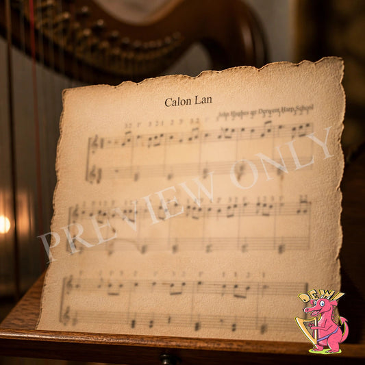 Sheet music on a stand with a harp in the background