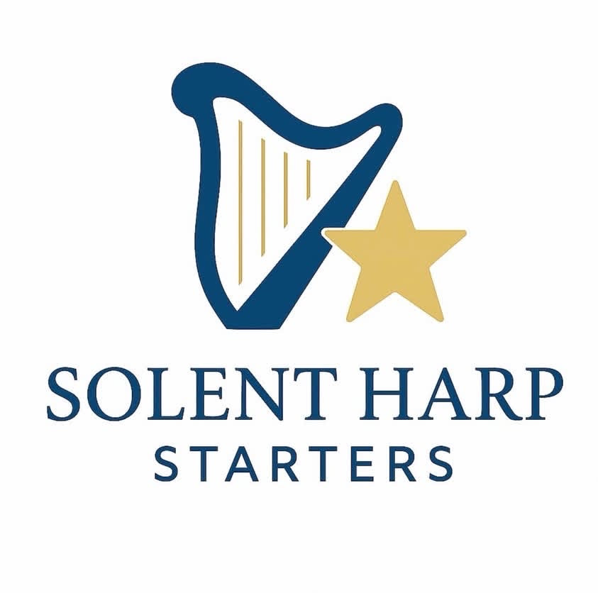 Logo of Solent Harp Starters with a harp and star design on a white background