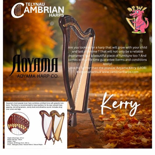 A promotional graphic for the Aoyama Kerry 34 (130B) lever harp by Cambrian Harps. The main image features a polished wooden harp standing outdoors against a blurred, warm-toned autumnal forest background. The graphic includes the Cambrian Harps and Aoyama Harp Co. logos, descriptive text highlighting the harp's suitability for students and its long-lasting quality, and a smaller inset box showing a close-up of the lever mechanism alongside two full-view images of the harp in different finishes