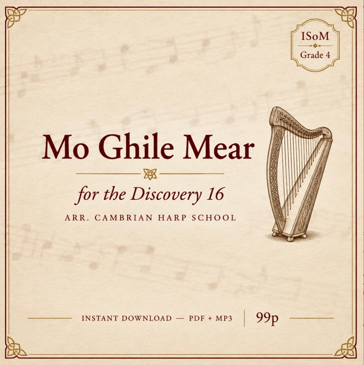 Digital cover art for 'Mo Ghile Mear for the Discovery 16' arranged by Cambrian Harp School, featuring a sepia parchment background with a harp illustration and a grade 4 badge.