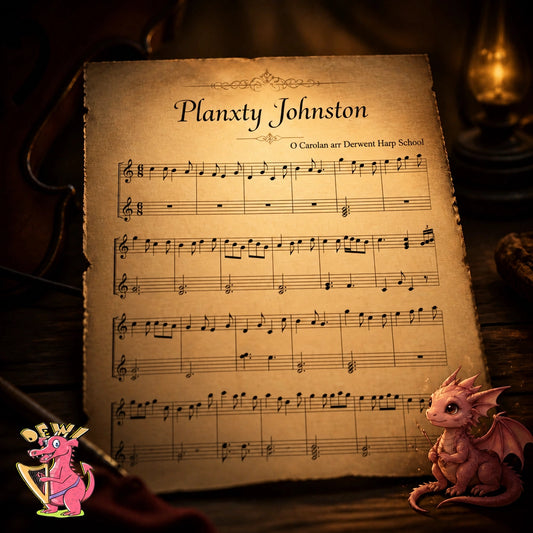 Sheet music with 'Planxty Johnston' title on a wooden surface with a dragon figurine.