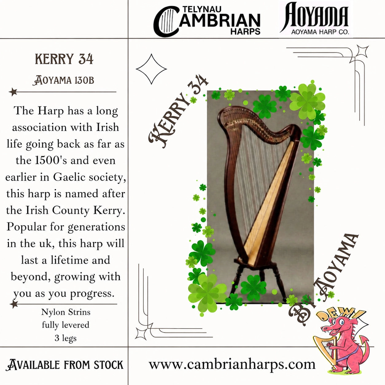 promotional graphic for the Aoyama Kerry 34 (130B) lever harp. The design features a centered image of the walnut-finish harp framed by decorative green clover graphics, set against a clean, bordered background. The graphic includes the Cambrian Harps and Aoyama Harp Co. logos, with text detailing the instrument's history in Irish music, its durability for students, technical specifications (nylon strings, fully levered, 3 legs), and contact information."