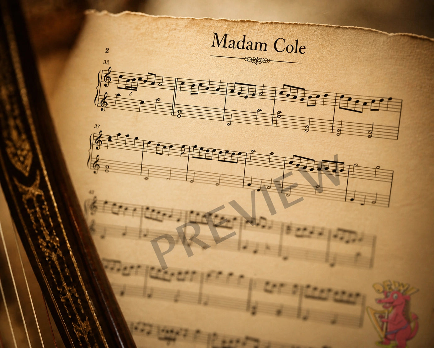 Sheet music with 'Madam Cole' at the top, blurred text overlay, and a decorative border for the discovery 16