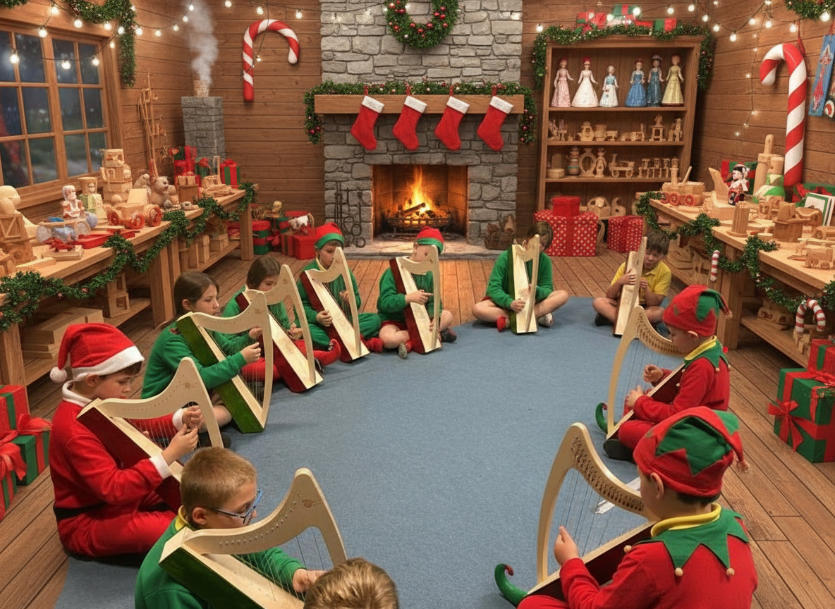 Children in elf costumes playing harps in a festive room with Christmas decorations.