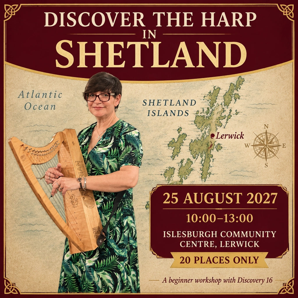 Promotional flyer for a beginner's harp workshop in Shetland, featuring a woman holding a wooden harp against a vintage-style map background with text detailing the date, time, location, and capacity.