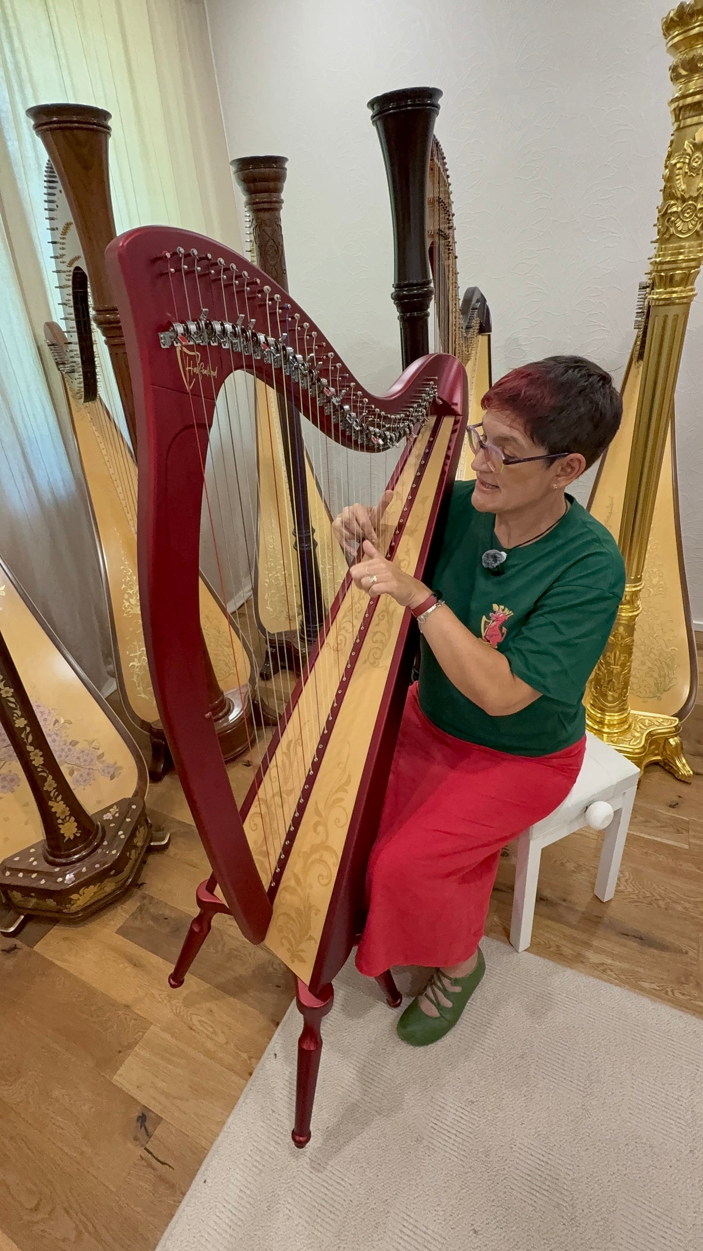 Person playing a red Mali 36 harp with other Aoyama harps in the background at Harfenland 