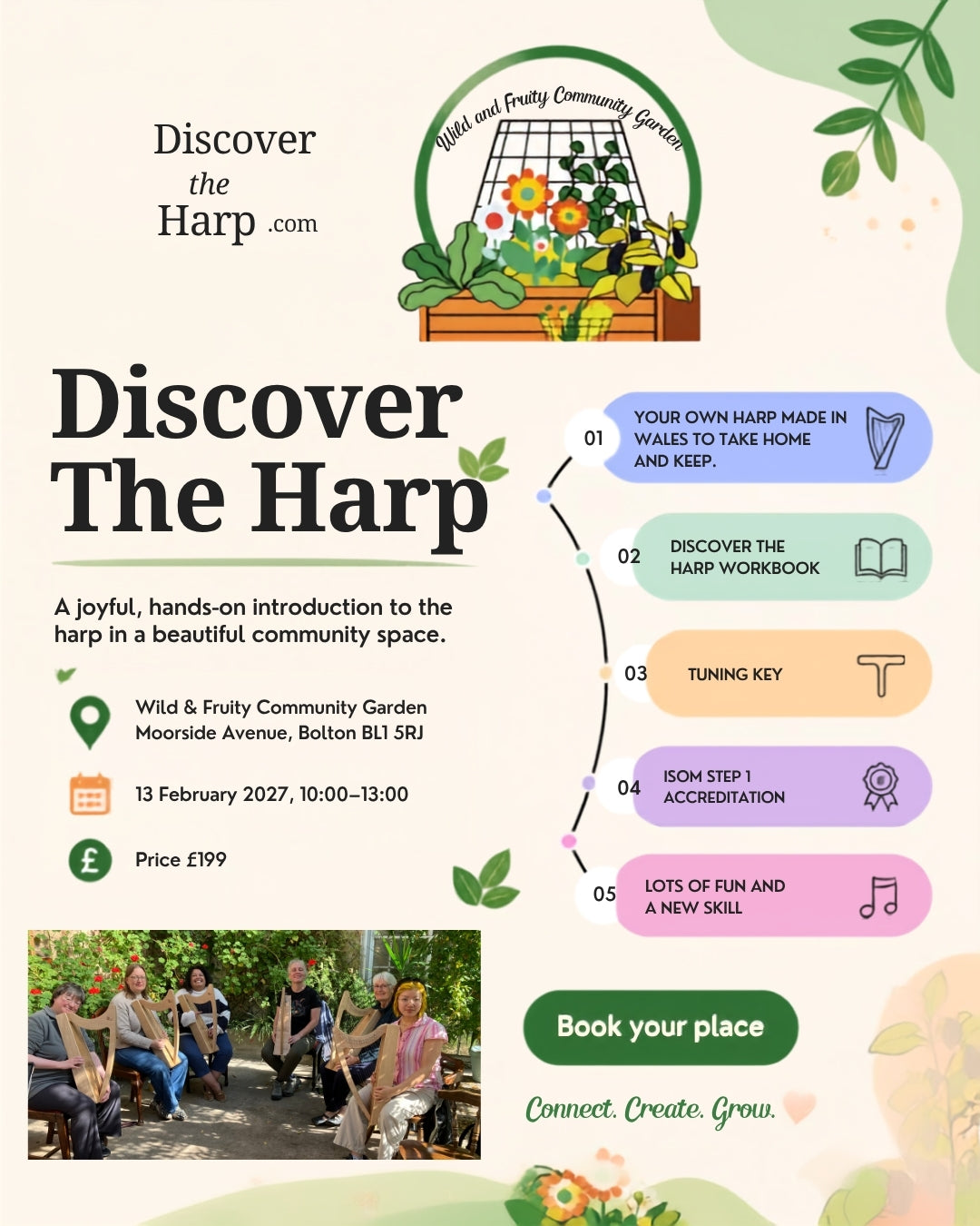 Promotional flyer for 'Discover The Harp' at Wild & Fruity Community Garden, featuring event details, pricing, a timeline, and a group photo of participants outdoors.