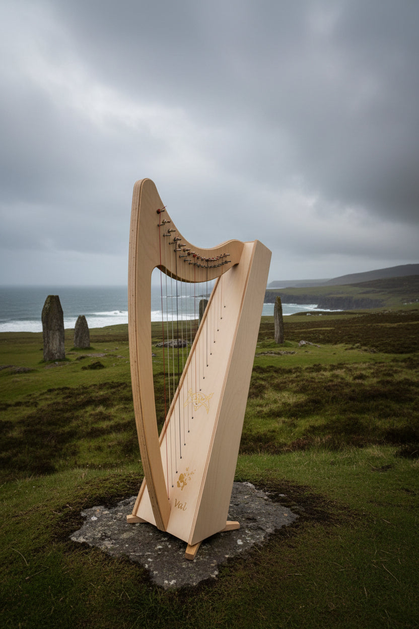 A natural light wood harp instrument displayed upright on am orkney backdrop