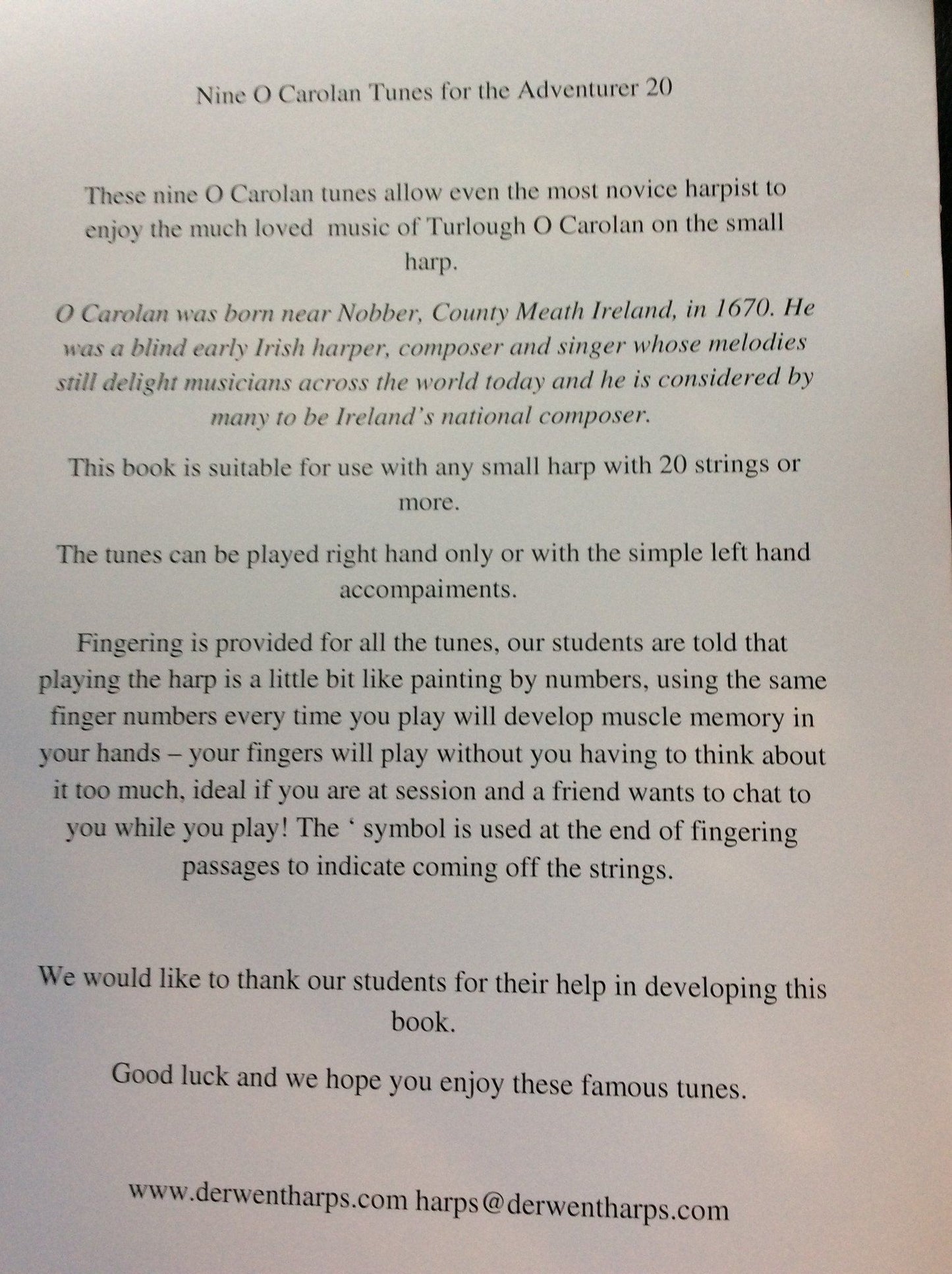 Nine O Carolan Tunes for the Adventurer 20  - by Derwent Harp School